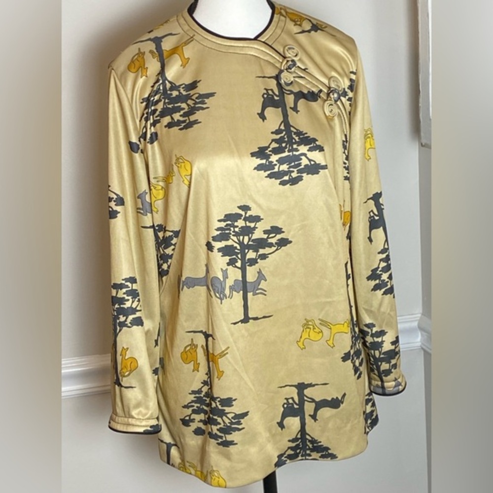 Vintage 70s Leslie Fay Chinoiserie Tunic Top Gold Black Frog Closure Small Med